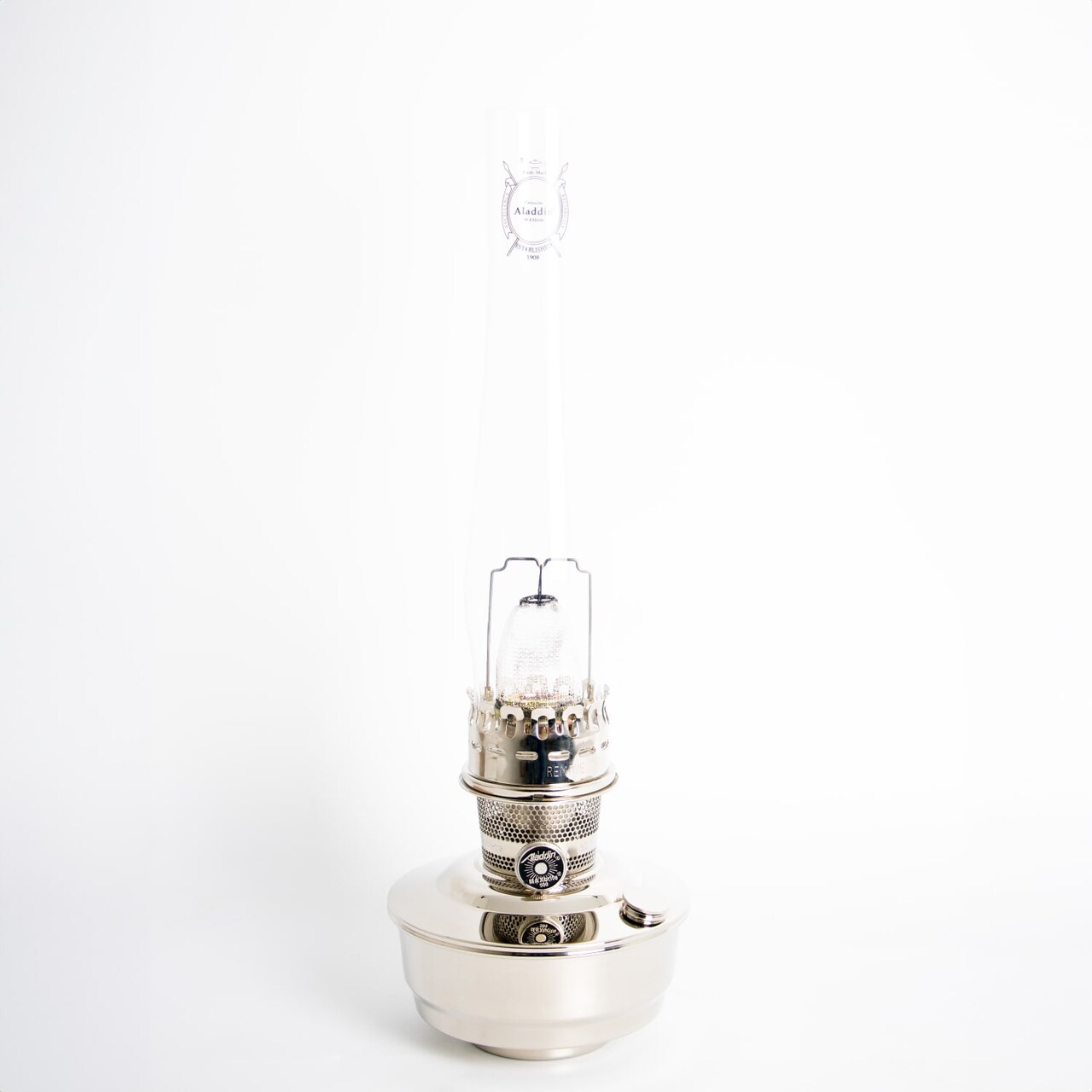 Aladdin Oil Fuel Lamp, Indoor Emergency Lighting for Shelf, Table or Hanging, Chrome or Brass Finish